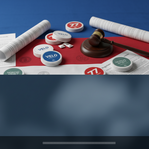 Assorted nicotine pouches and branded cans with a wooden gavel on a red and white surface against a blue background