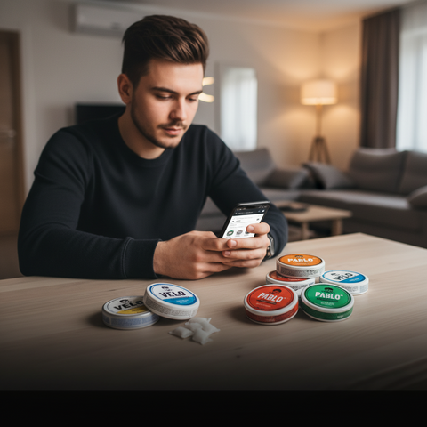 Man examining colourful nicotine pouches at a table with warm ambient lighting in a modern home