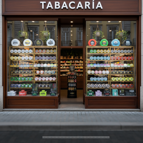 Tabacaria storefront with illuminated glass displays showing rows of colourful pouches on multiple shelves