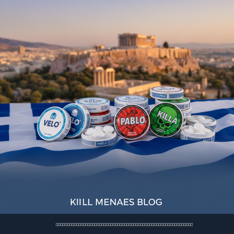Nicotine pouch cans including VELO, PABLO and ZINO arranged on blue waves with Athens Acropolis visible in the background