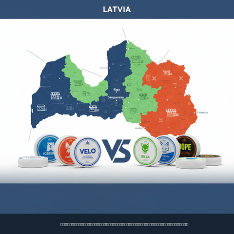 Map of Latvia with coloured regions displayed above a row of branded nicotine pouches and cans on a white surface