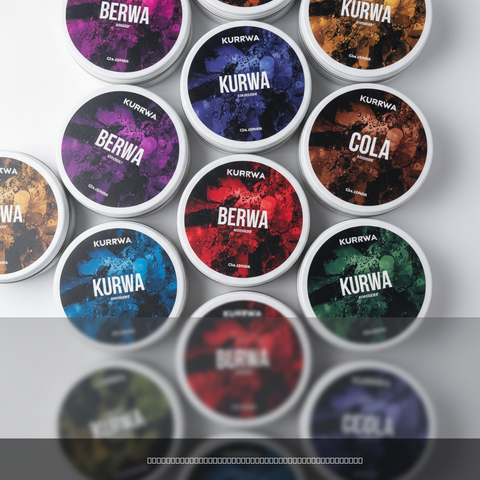 KURWA nicotine pouches in various coloured cans arranged on a white surface with shadows