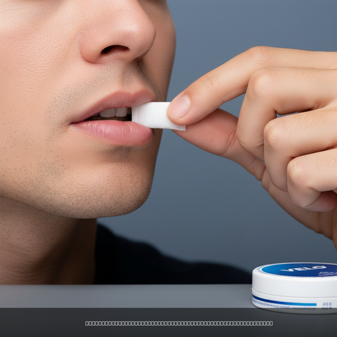 Person placing a white pouch between lower lip and gum, with blue container visible