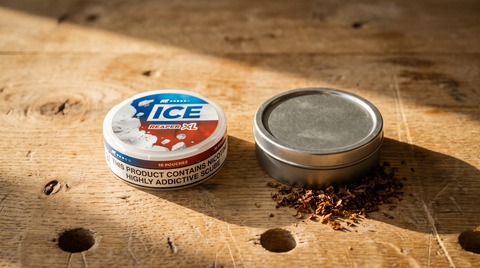 Nicotine pouch can beside a plain metal dip can, an alternative to dip tobacco, on worn oak