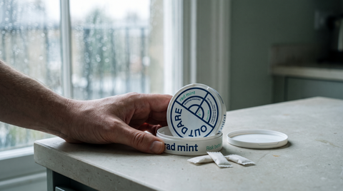 Adult hand examining an open OUTDARE nicotine pouch can on a pale worktop in soft British light