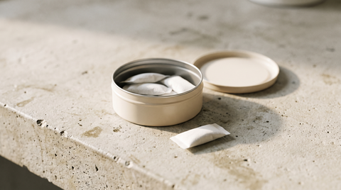 Open round nicotine pouch can with small white pouches visible on a pale concrete surface