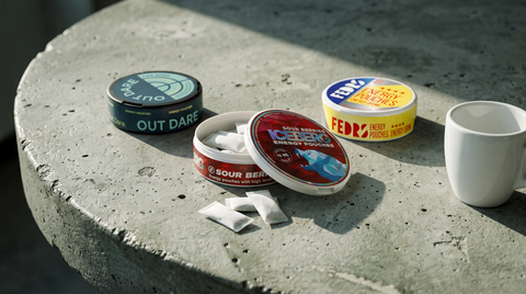 Three caffeine energy pouch cans and a white espresso cup loosely grouped on a concrete café table