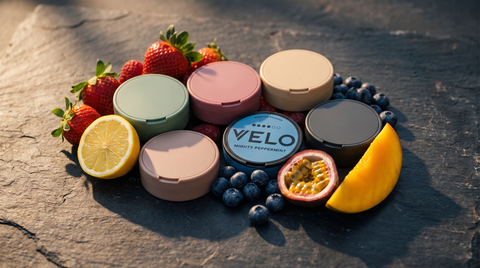 An assortment of round fruity nicotine pouch cans surrounded by fresh strawberries, citrus and passion fruit
