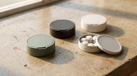 Three plain unbranded nicotine-free pouch cans on a concrete surface, one open to reveal white pouches inside