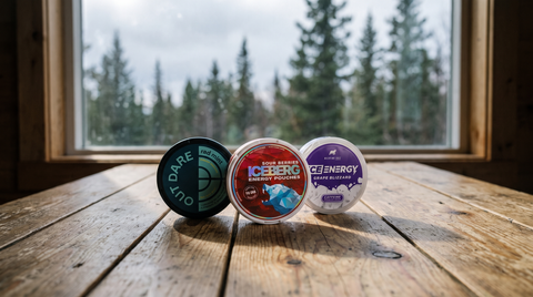 Three caffeine pouch cans standing on a pine-plank surface with a blurred conifer backdrop