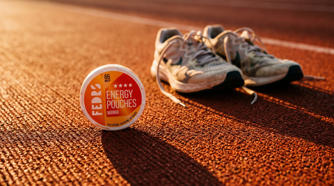 A small caffeine pouch can resting on a running track beside a pair of athletic shoes