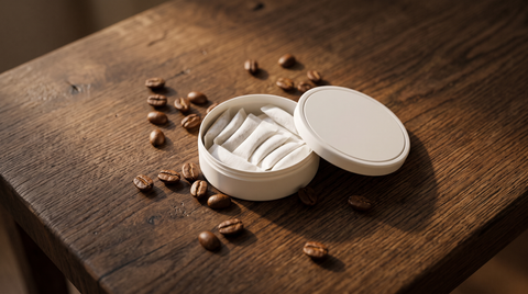 Open caffeine pouch can showing white pouches inside, surrounded by roasted coffee beans on a dark oak surface