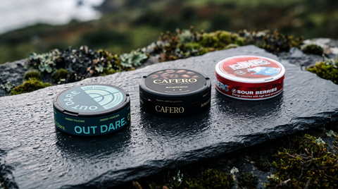 Three caffeine pouch cans lined up on wet grey slate with a blurred green backdrop
