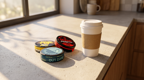 Three caffeine pouch cans beside an unbranded takeaway coffee cup on a pale concrete worktop