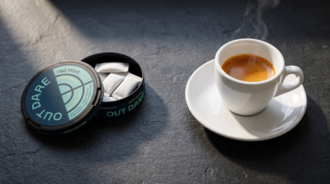 Open caffeine pouch can beside an espresso cup on a dark slate worktop