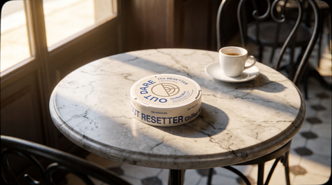 CBD pouches can on a marble bistro table alongside a small espresso cup