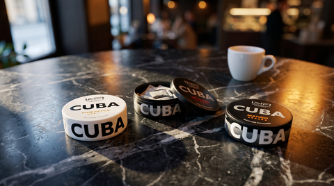 Three Cuba nicotine pouch cans on a dark marble café table alongside a white espresso cup