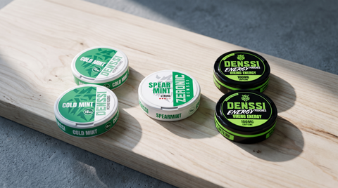 Three DENSSI nicotine pouch cans lined up on a pale birchwood surface in cool Nordic light