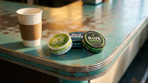 Three energy pouch cans on an American diner counter beside a plain paper coffee cup
