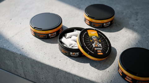 Three flat round energy pouch cans on concrete, one open showing white pouches inside