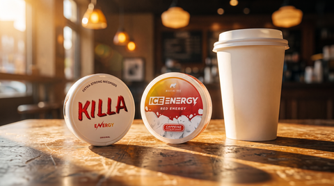 Two energy pouch cans standing next to a takeout coffee cup on a wooden café table