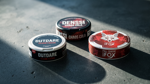 Three caffeine pouch cans on dark concrete in a Grinds alternatives comparison