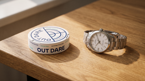 Nicotine pouch can resting beside an analog wristwatch on a wooden desk, illustrating how long to keep a ZYN in