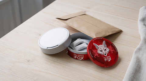 Round nicotine pouch cans beside a kraft delivery mailer on a pale Scandinavian wooden surface