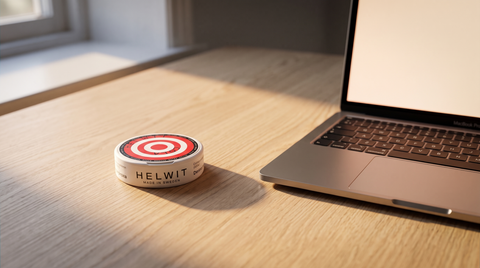 Round flat nicotine pouch can sitting beside an open laptop on a pale oak desk