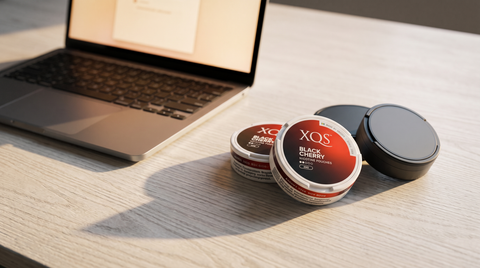 Two nicotine pouch cans beside a laptop on a desk, depicting how to order XQS pouches online