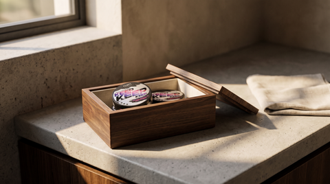 Plain nicotine pouch cans stored neatly inside an open wooden box on a kitchen worktop
