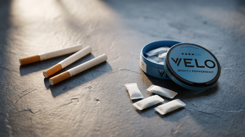 Unlit cigarettes lying beside an open nicotine pouch can on a slate worktop