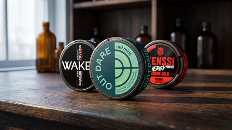 Three kofeino maiseliai brands in round flat cans arranged on a dark oak table