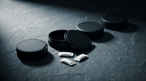 Row of nicotine pouch cans on dark slate, one open with white pouches inside