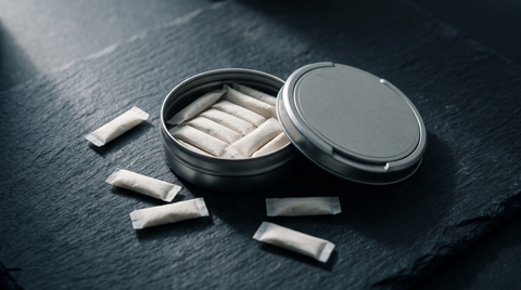 Open nicotine pouch can with white pouches scattered across a dark slate surface