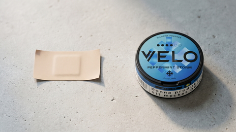 Unused nicotine patch lying beside a closed nicotine pouch can on a pale concrete surface