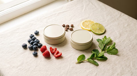Flat-lay of plain nicotine pouch cans surrounded by mint, citrus, berry and coffee flavour ingredients