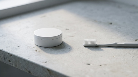 Nicotine pouch can lying beside a toothbrush on a pale stone worktop