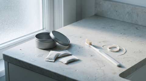 Open nicotine pouch can beside a plain toothbrush on a pale stone bathroom counter