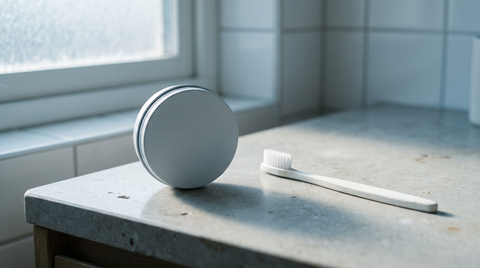 Nicotine pouch can resting beside a toothbrush on a pale grey stone bathroom counter