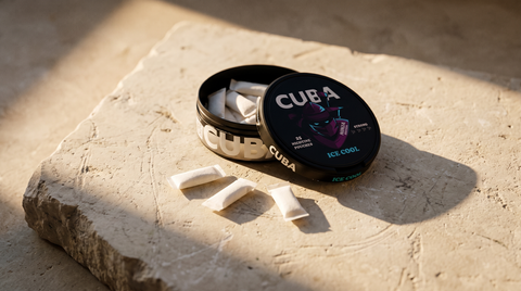 Open nicotine pouch can with pouches visible resting on a warm limestone surface in afternoon light
