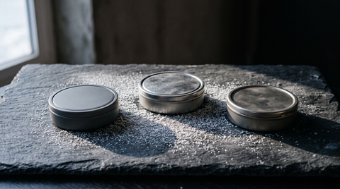 Three nicotine pouch brand cans on dark slate in cold Canadian winter window light