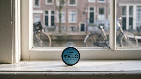 A nicotine pouch can on a sunlit Dutch apartment windowsill with a blurred canal view behind