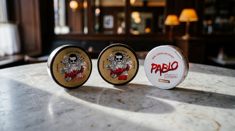 Three PABLO nicotine pouch cans fanned out on a marble café table