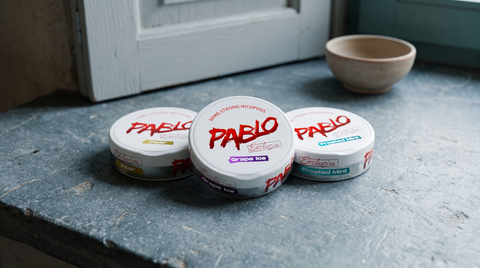 Three PABLO Exclusive nicotine pouch cans on a grey limestone surface in cool Belgian daylight