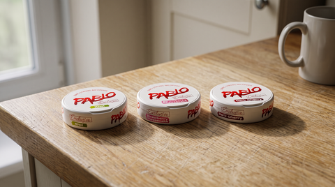Three PABLO nicotine pouch cans in different flavours lined up on a pale oak kitchen worktop