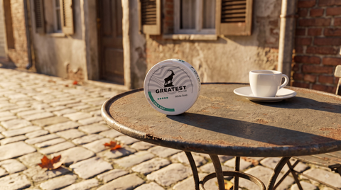 Nicotine pouch can beside an espresso cup on a cobblestone old-town café table