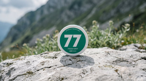 Nicotine pouch can resting on a weathered limestone ledge with a blurred alpine slope behind