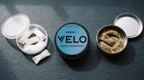 Two open cans on dark slate showing white nicotine pouches beside brown snus portions in a comparison still life