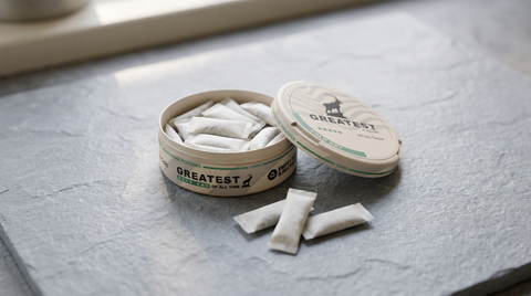 Open nicotine pouch can with white pouches displayed on a cool grey slate surface